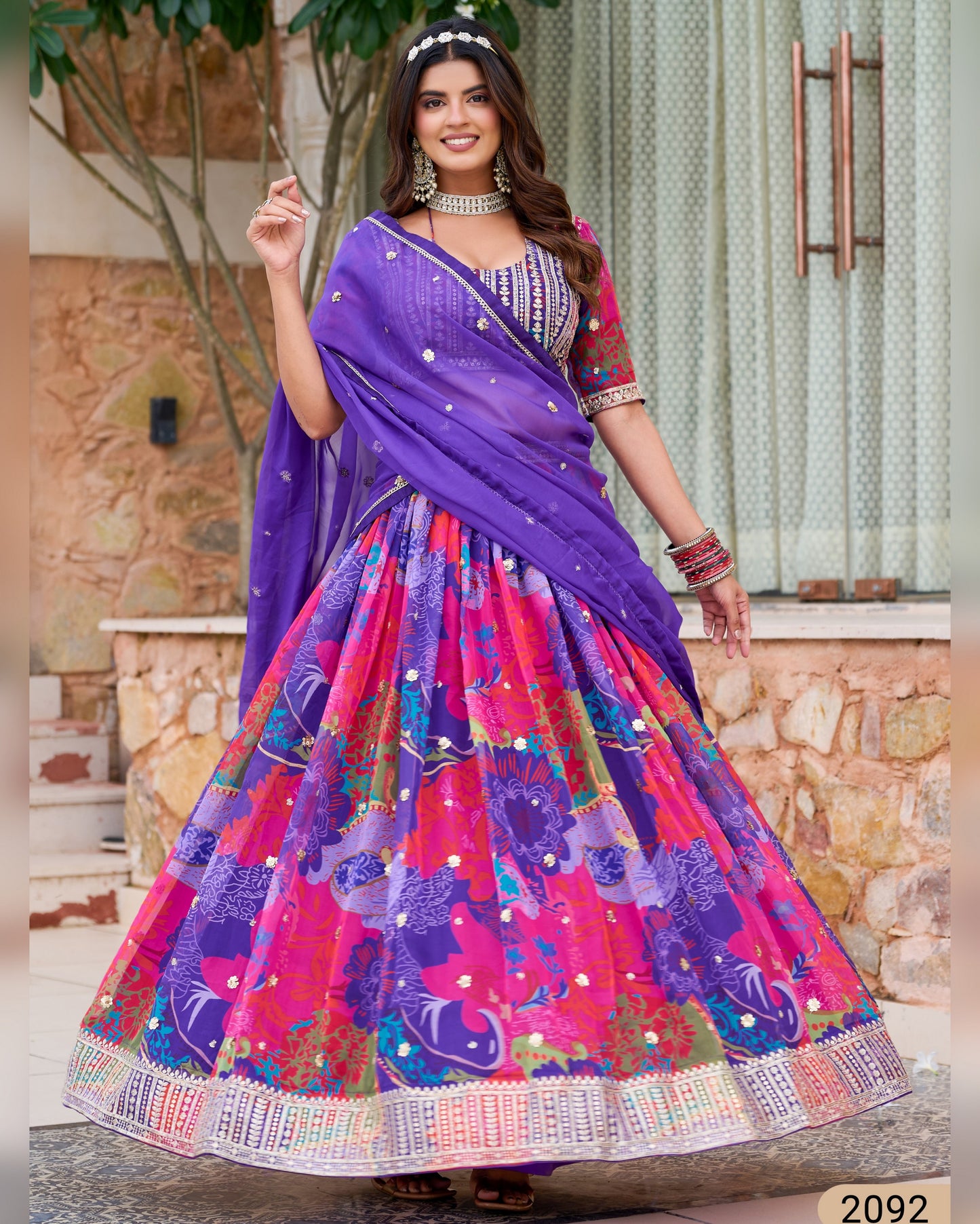 Purple Organza Lehenga Choli With Blouse & Dupatta For Indian & Pakistani Wedding Festival - Dori With Thread & Sequins Embroidery Work