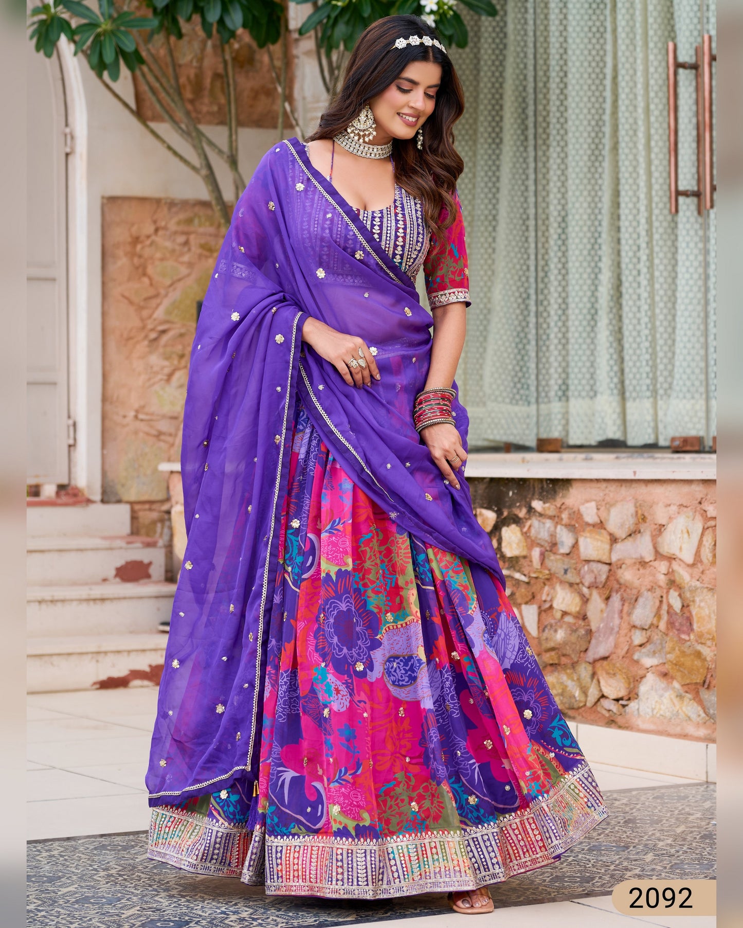 Purple Organza Lehenga Choli With Blouse & Dupatta For Indian & Pakistani Wedding Festival - Dori With Thread & Sequins Embroidery Work