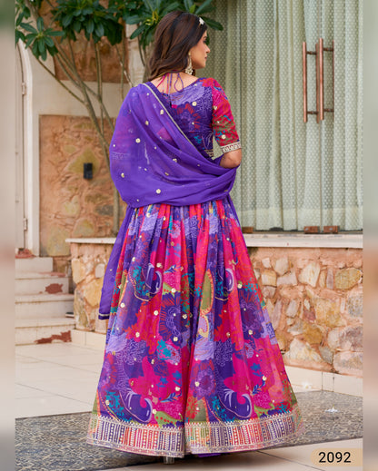 Purple Organza Lehenga Choli With Blouse & Dupatta For Indian & Pakistani Wedding Festival - Dori With Thread & Sequins Embroidery Work