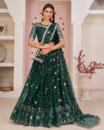 Green Net Lehenga Choli With Blouse & Dupatta For Indian & Pakistani Wedding Festival - Dori With Thread & Sequence Embroidery Work
