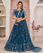 Blue Net Lehenga Choli With Blouse & Dupatta For Indian & Pakistani Wedding Festival - Dori With Thread & Sequence Embroidery Work