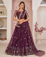 Purple Net Lehenga Choli With Blouse & Dupatta For Indian & Pakistani Wedding Festival - Dori With Thread & Sequence Embroidery Work