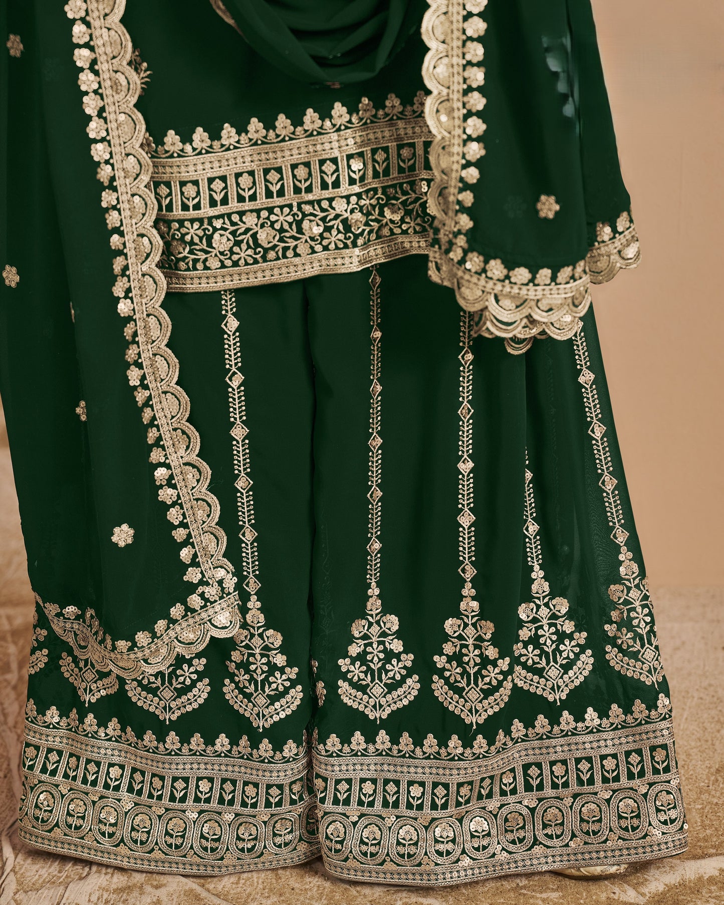 Green Georgette Plazo Suit With Kameez & Dupatta For Indian & Pakistani Wedding Festival - Thread Sequence Work