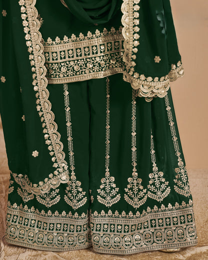 Green Georgette Plazo Suit With Kameez & Dupatta For Indian & Pakistani Wedding Festival - Thread Sequence Work