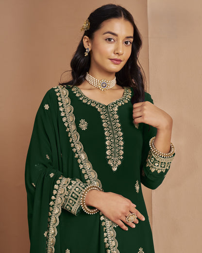 Green Georgette Plazo Suit With Kameez & Dupatta For Indian & Pakistani Wedding Festival - Thread Sequence Work