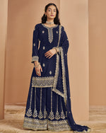 Navy Blue Georgette Plazo Suit With Kameez & Dupatta For Indian & Pakistani Wedding Festival - Thread Sequence Work