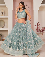 Light Blue Net Lehenga Choli With Blouse & Dupatta For Indian & Pakistani Wedding Festival - Dori With Thread & Sequence Embroidery Work