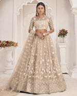 Beige Net Lehenga Choli With Blouse & Dupatta For Indian & Pakistani Wedding Festival - Dori With Thread & Sequence Embroidery Work