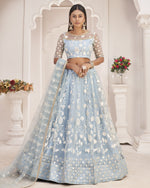 Sky Blue Net Lehenga Choli With Blouse & Dupatta For Indian & Pakistani Wedding Festival - Dori With Thread & Sequence Embroidery Work