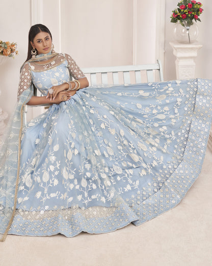 Woman wearing a light blue embroidered saree with a white background