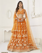 Orange Net Lehenga Choli With Blouse & Dupatta For Indian & Pakistani Wedding Festival - Dori With Thread & Sequence Embroidery Work
