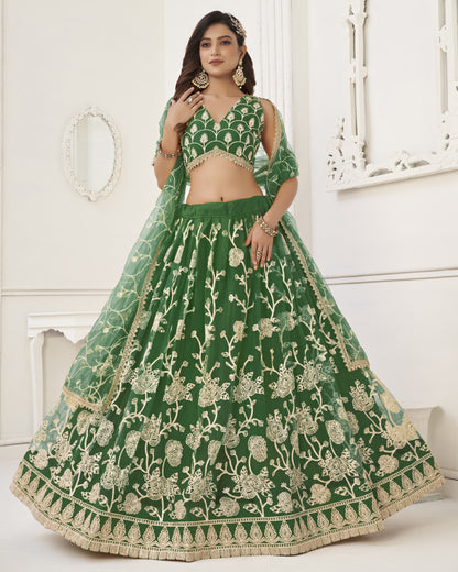 Green embroidered lehenga with matching blouse on a white background