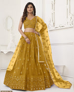 Mustard Yellow Net Lehenga Choli With Blouse & Dupatta For Indian & Pakistani Wedding Festival - Dori With Thread & Sequence Embroidery Work