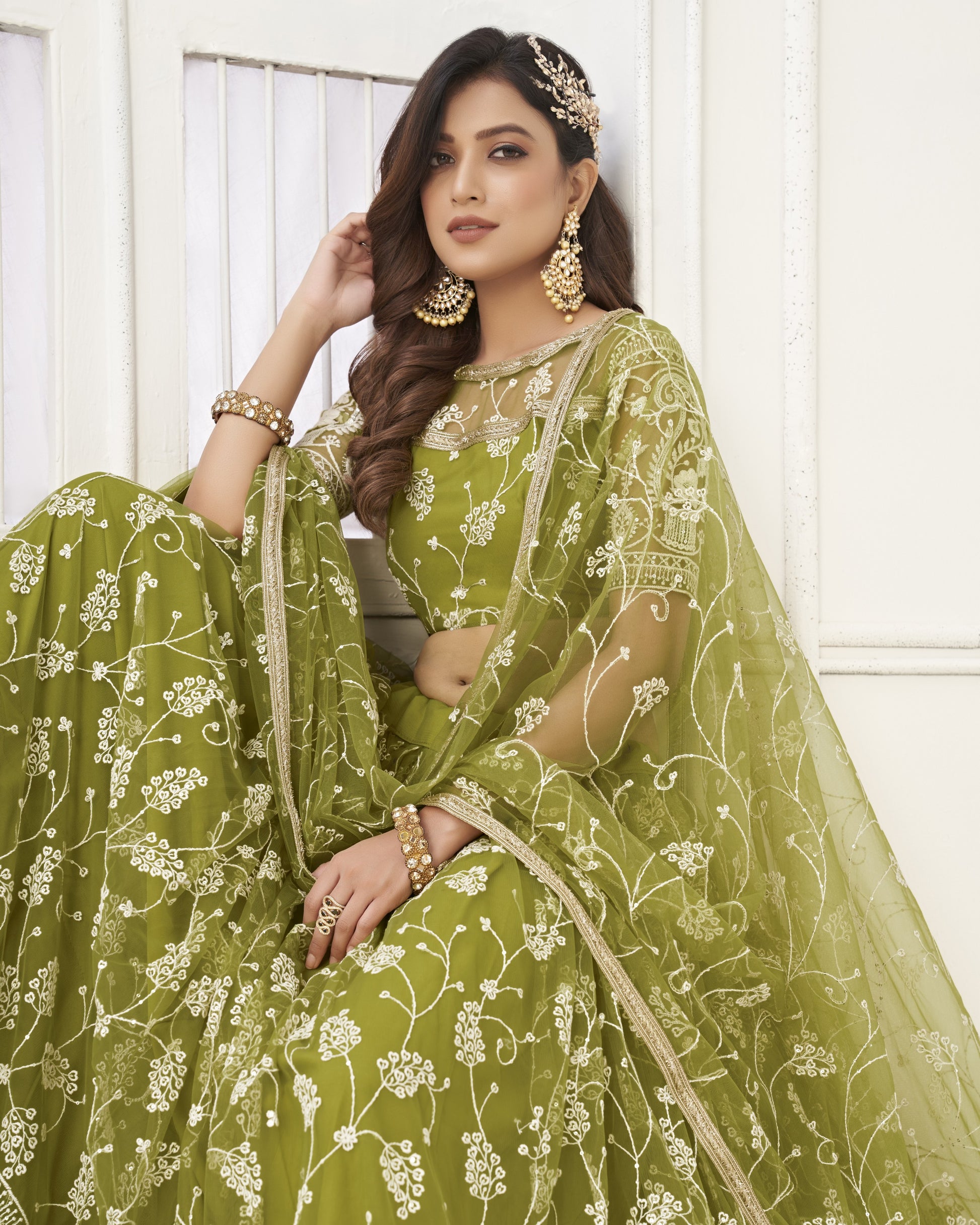 Woman wearing a green embroidered saree with a white background