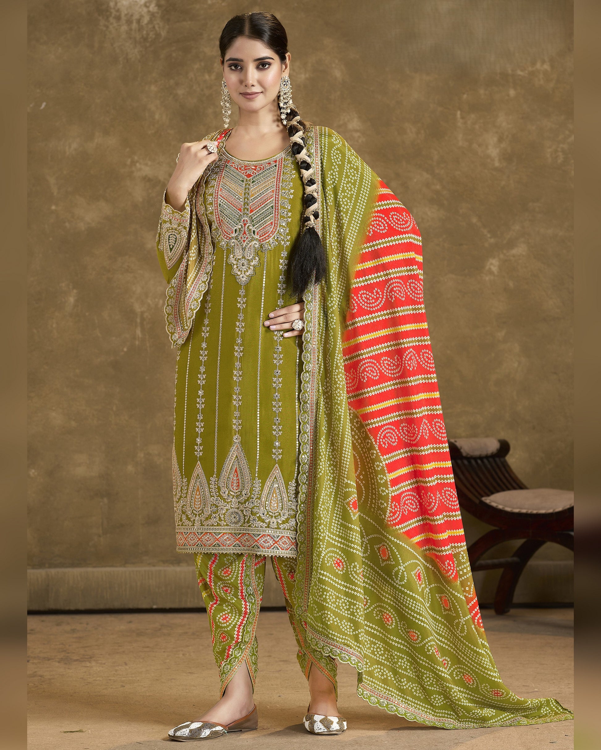 Green Chinon Salwar Suit: Light Shade Mirror Work Wedding Wear Dress of India Green Chinon Salwar Suit: Light Shade Mirror Work Wedding Wear Dress of India