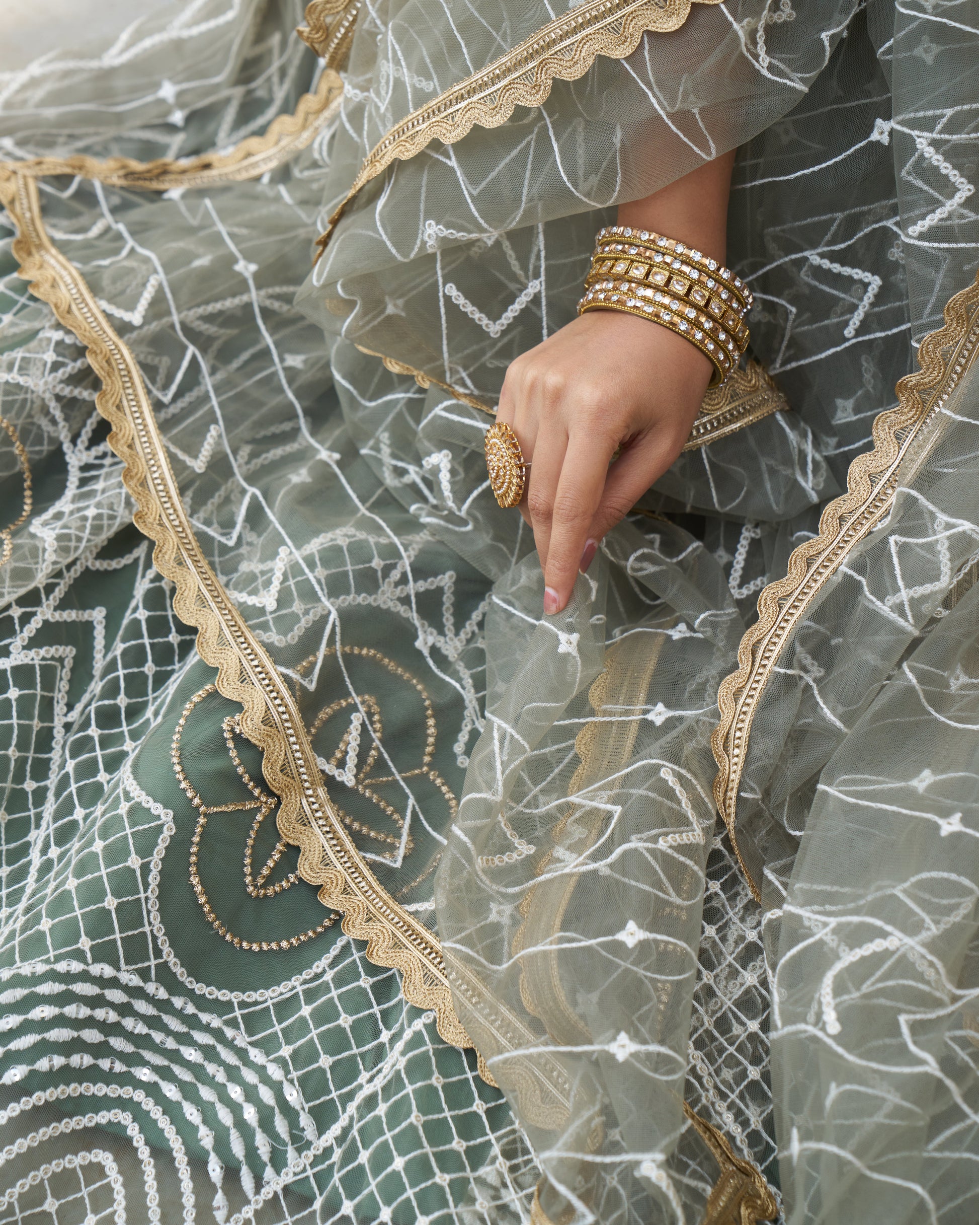 Close-up of a hand holding a sheer fabric with intricate patterns and gold lace trim.