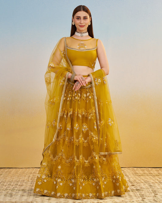 Mustard Yellow Net Lehenga Choli With Blouse & Dupatta For Indian & Pakistani Wedding Festival - Dori With Thread & Sequence Work