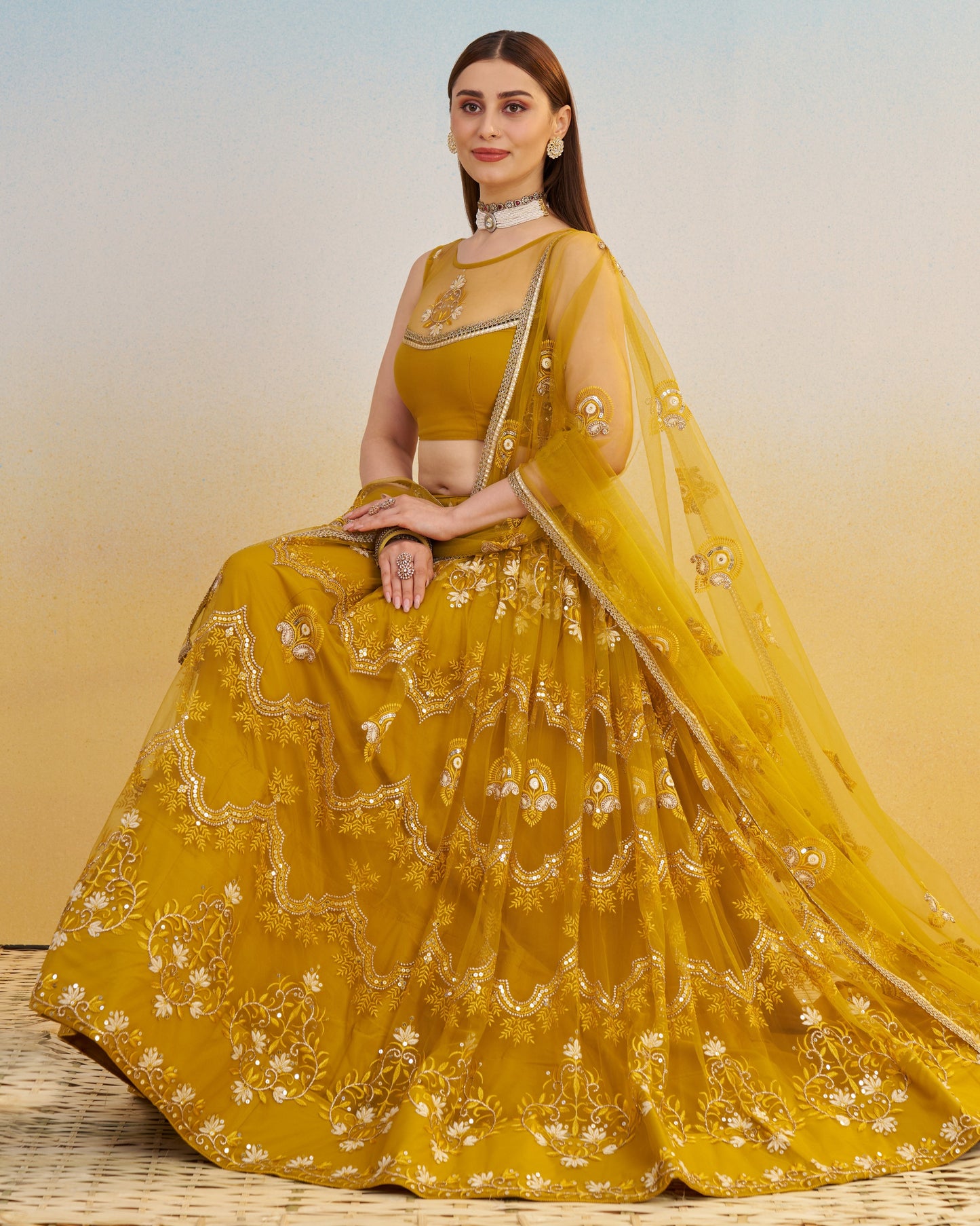 Mustard Yellow Net Lehenga Choli With Blouse & Dupatta For Indian & Pakistani Wedding Festival - Dori With Thread & Sequence Work