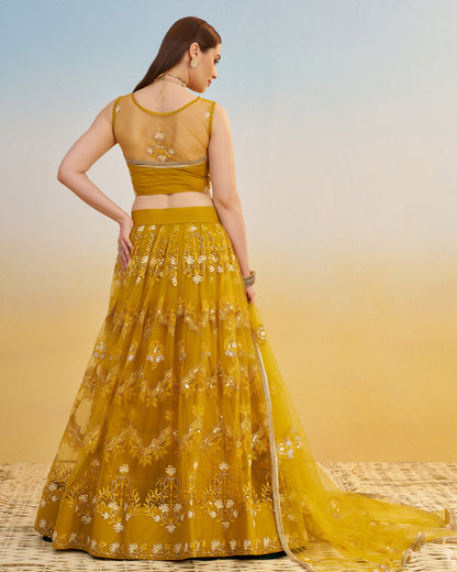 Mustard Yellow Net Lehenga Choli With Blouse & Dupatta For Indian & Pakistani Wedding Festival - Dori With Thread & Sequence Work