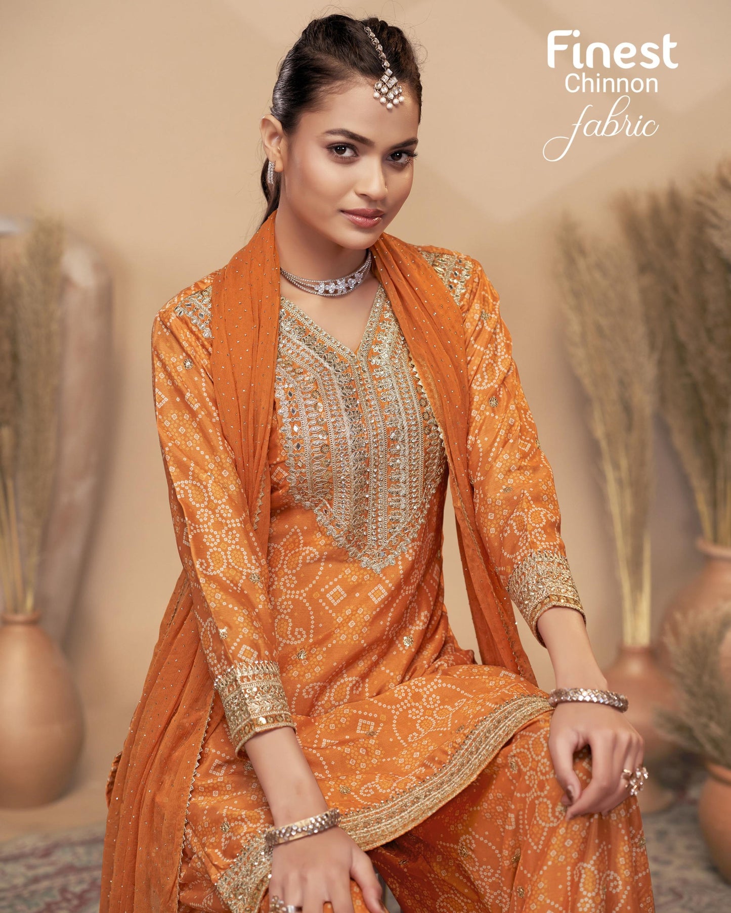 Orange Chinon Silk Plazo With Kameez & Dupatta For Indian & Pakistani Wedding Festival - Dabka Dori Embroidery Handmade Mirror Work