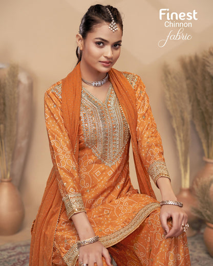 Orange Chinon Silk Plazo With Kameez & Dupatta For Indian & Pakistani Wedding Festival - Dabka Dori Embroidery Handmade Mirror Work