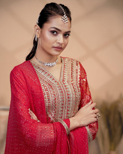 Red Chinon Silk Plazo With Kameez & Dupatta For Indian & Pakistani Wedding Festival - Dabka Dori Embroidery Handmade Mirror Work