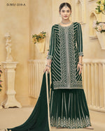Green Faux Georgette Sharara Suit With Kameez And Dupatta For Indian & Pakistani Wedding Festival - Dori Thread Sequence Work
