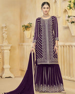 Purple Faux Georgette Sharara Suit With Kameez And Dupatta For Indian & Pakistani Wedding Festival - Dori Thread Sequence Work