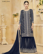 Navy Blue Faux Georgette Sharara Suit With Kameez And Dupatta For Indian & Pakistani Wedding Festival - Dori Thread Sequence Work
