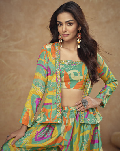 Woman wearing a colorful traditional outfit with a patterned top and skirt against a beige background