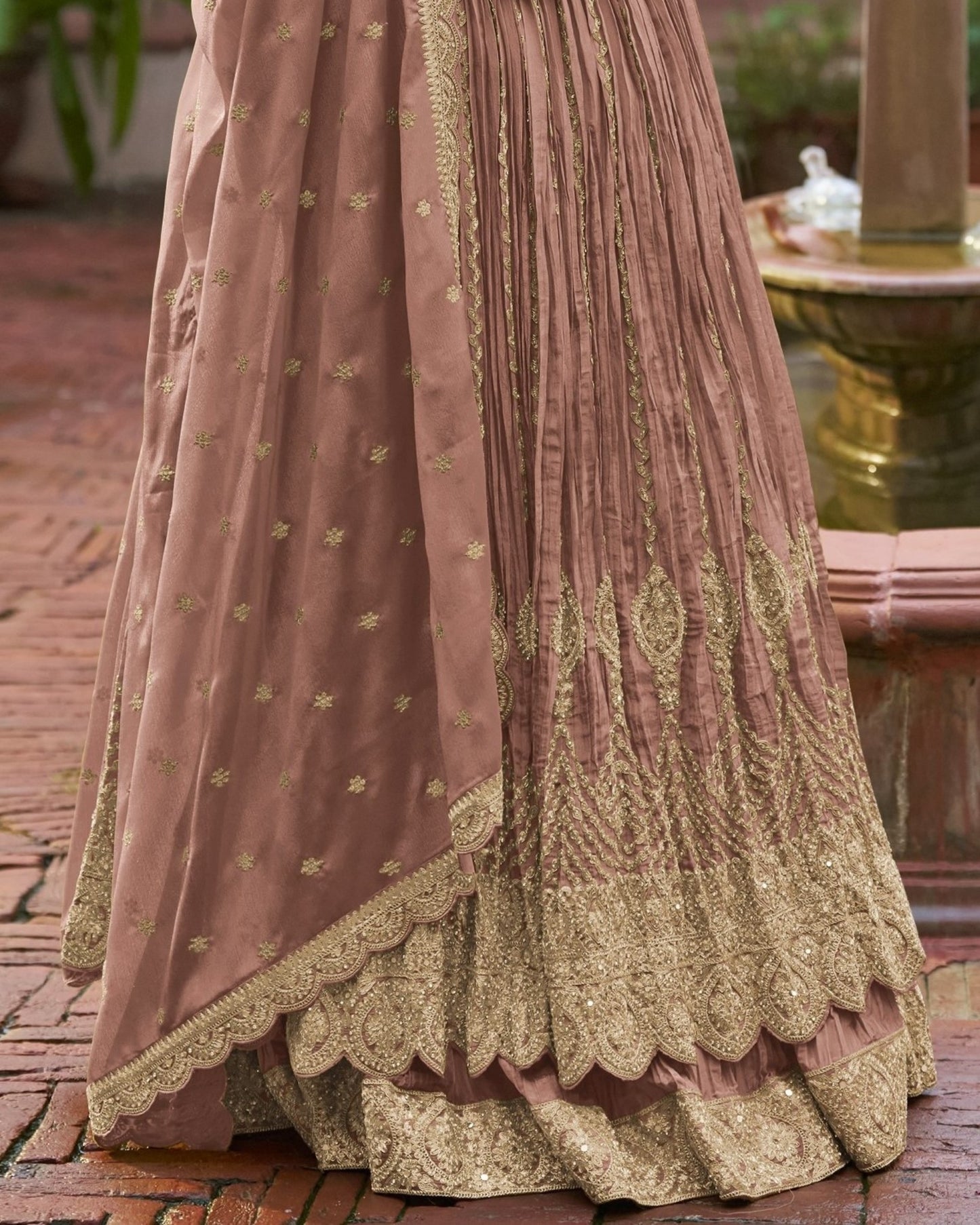 Dusty Pink Chinon Silk Anarkali Suit With Skirt & Dupatta For Indian & Pakistani Wedding Festival - Dori Thread Sequence Work