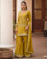 Mustard Satin Silk Sharara Suit With Kameez & Dupatta For Indian & Pakistani Wedding Festival - Dori Thread Sequence Work