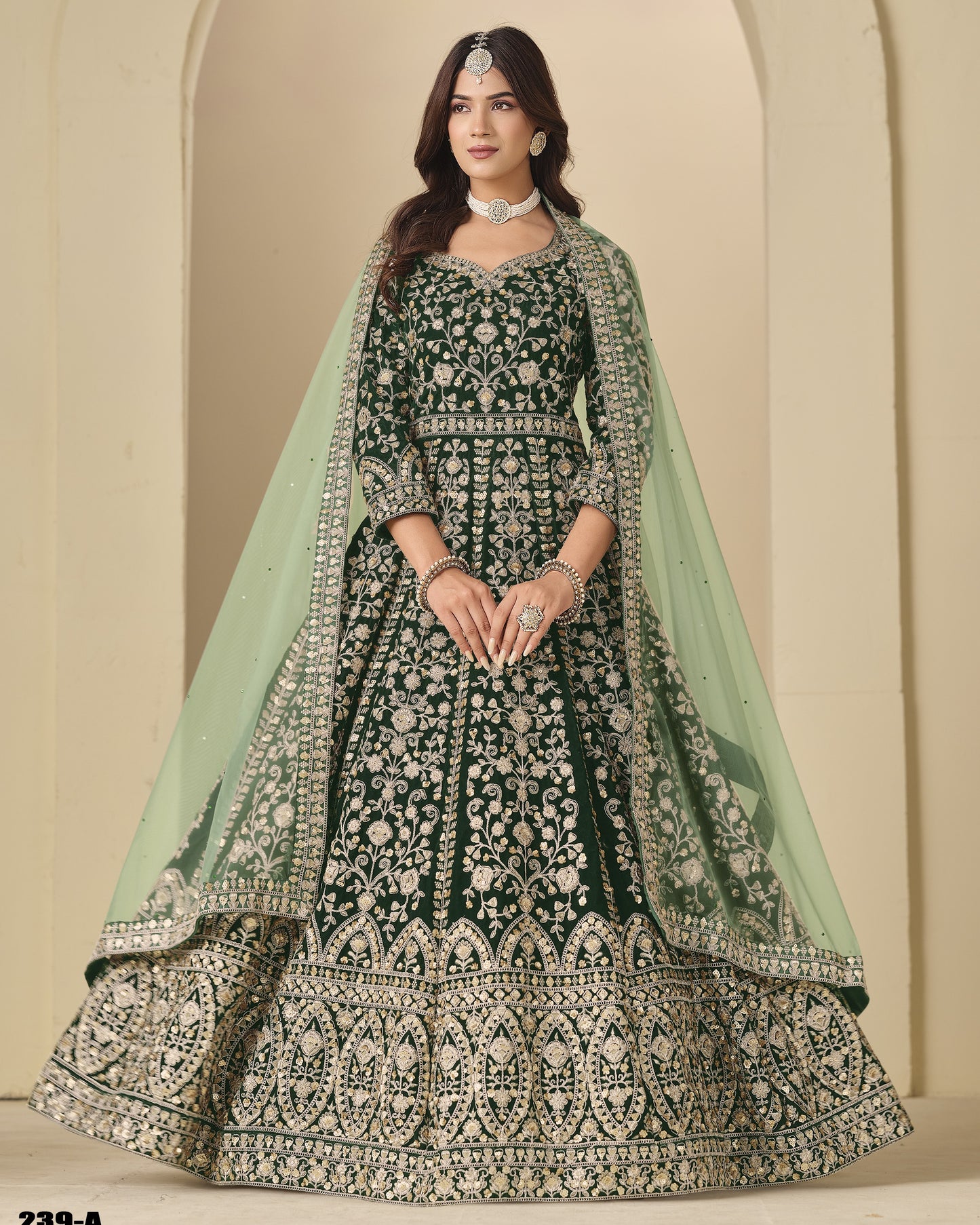 Green Velvet Anarkali Suit With Dupatta For Indian & Pakistani Wedding Festival - Dori With Thread & Sequence Embroidery Work