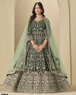 Green Velvet Anarkali Suit With Dupatta For Indian & Pakistani Wedding Festival - Dori With Thread & Sequence Embroidery Work