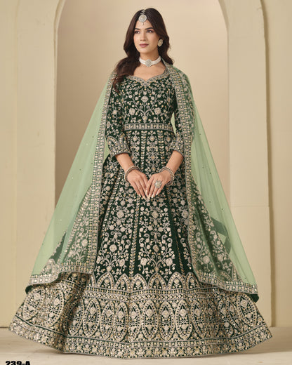 Green Velvet Anarkali Suit With Dupatta For Indian & Pakistani Wedding Festival - Dori With Thread & Sequence Embroidery Work