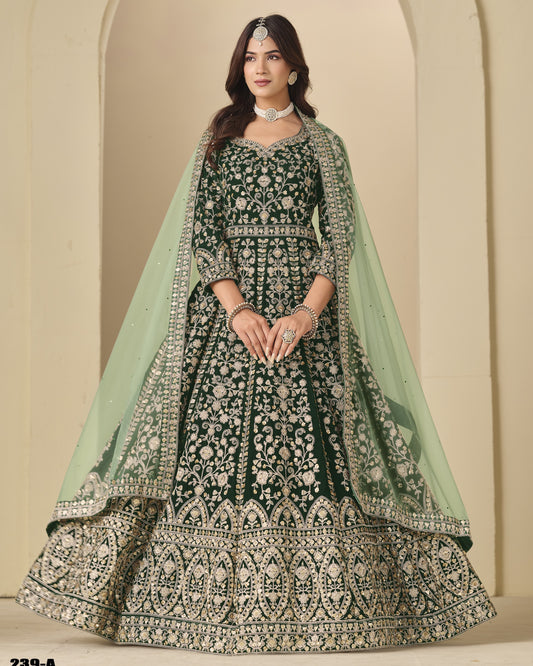 Green Velvet Anarkali Suit With Dupatta For Indian & Pakistani Wedding Festival - Dori With Thread & Sequence Embroidery Work