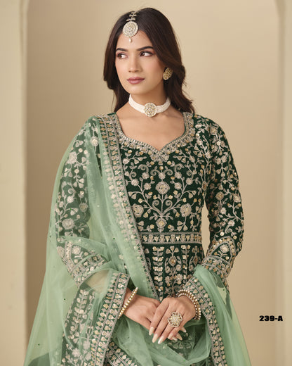 Green Velvet Anarkali Suit With Dupatta For Indian & Pakistani Wedding Festival - Dori With Thread & Sequence Embroidery Work