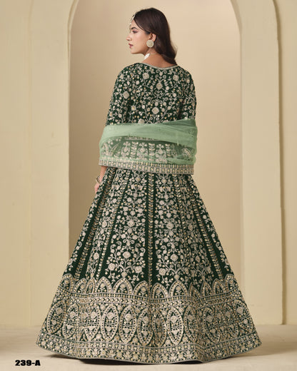 Green Velvet Anarkali Suit With Dupatta For Indian & Pakistani Wedding Festival - Dori With Thread & Sequence Embroidery Work
