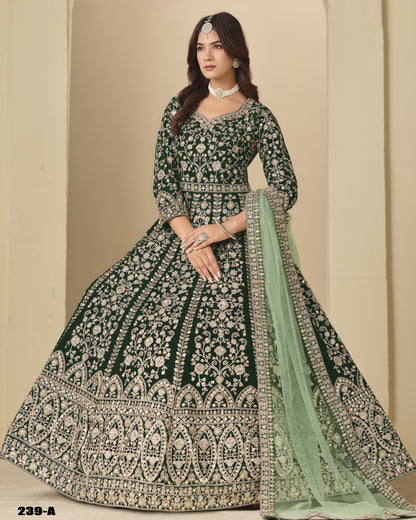 Green Velvet Anarkali Suit With Dupatta For Indian & Pakistani Wedding Festival - Dori With Thread & Sequence Embroidery Work