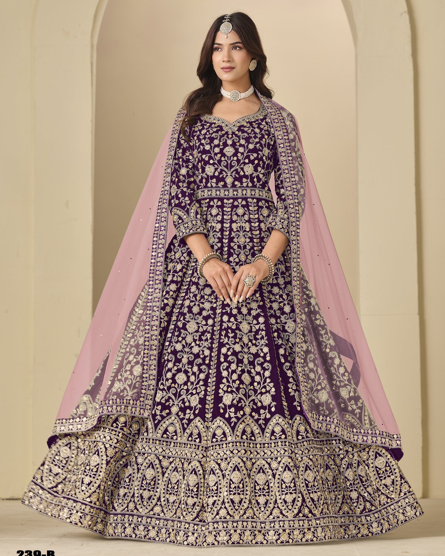 Purple Velvet Anarkali Suit With Dupatta For Indian & Pakistani Wedding Festival - Dori With Thread & Sequence Embroidery Work