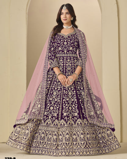 Purple Velvet Anarkali Suit With Dupatta For Indian & Pakistani Wedding Festival - Dori With Thread & Sequence Embroidery Work