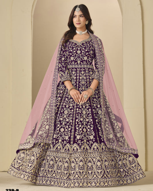 Purple Velvet Anarkali Suit With Dupatta For Indian & Pakistani Wedding Festival - Dori With Thread & Sequence Embroidery Work