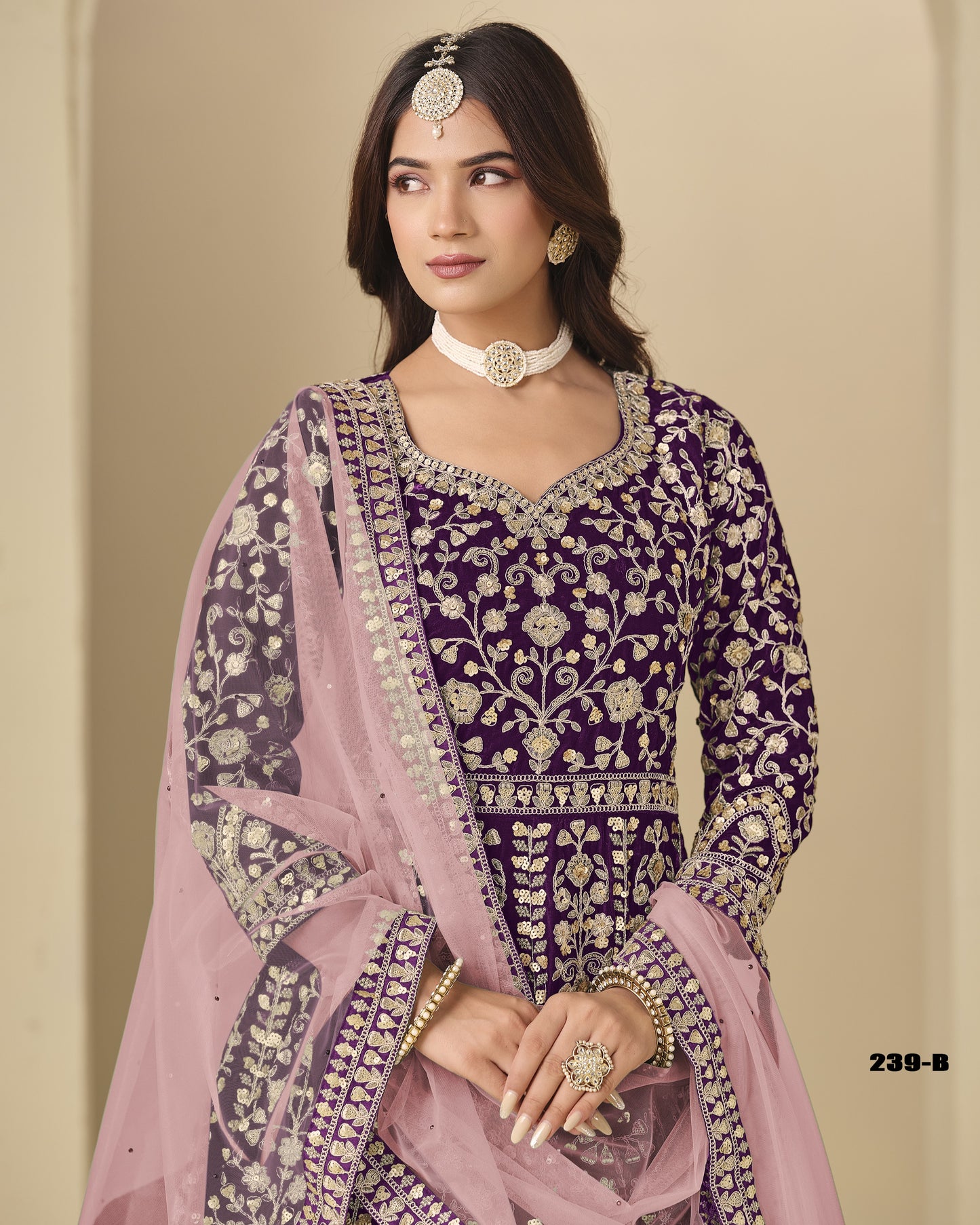 Purple Velvet Anarkali Suit With Dupatta For Indian & Pakistani Wedding Festival - Dori With Thread & Sequence Embroidery Work