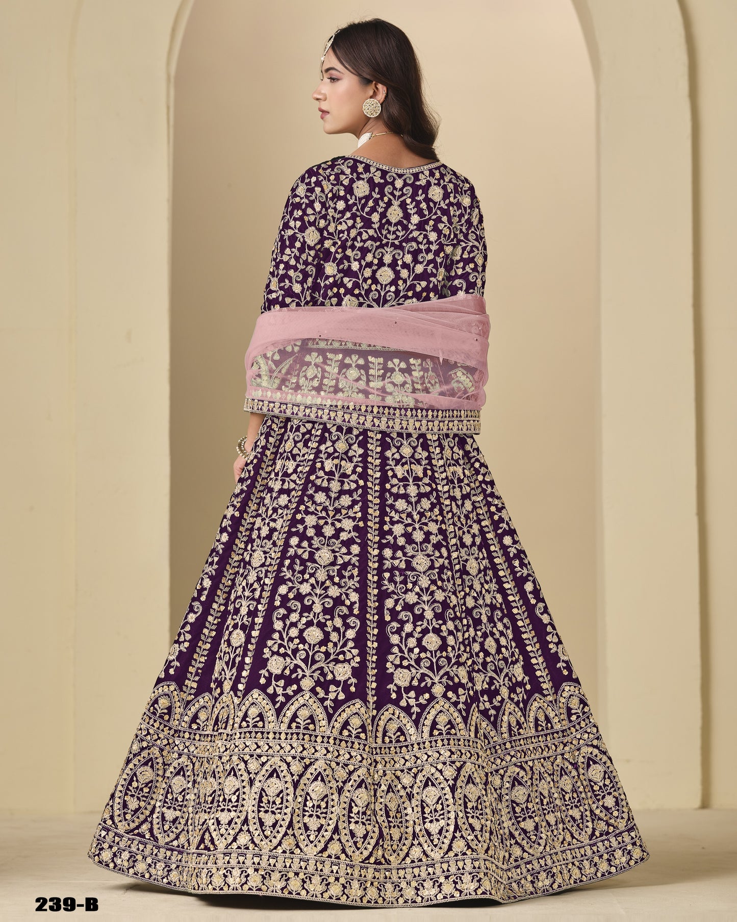 Purple Velvet Anarkali Suit With Dupatta For Indian & Pakistani Wedding Festival - Dori With Thread & Sequence Embroidery Work