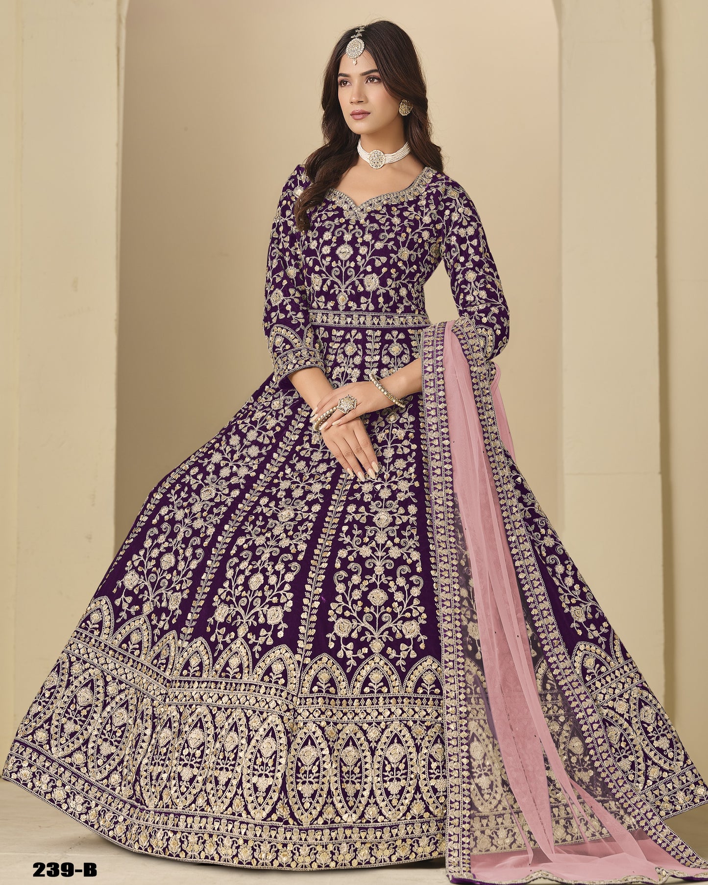 Purple Velvet Anarkali Suit With Dupatta For Indian & Pakistani Wedding Festival - Dori With Thread & Sequence Embroidery Work