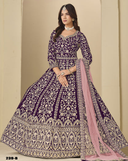 Purple Velvet Anarkali Suit With Dupatta For Indian & Pakistani Wedding Festival - Dori With Thread & Sequence Embroidery Work