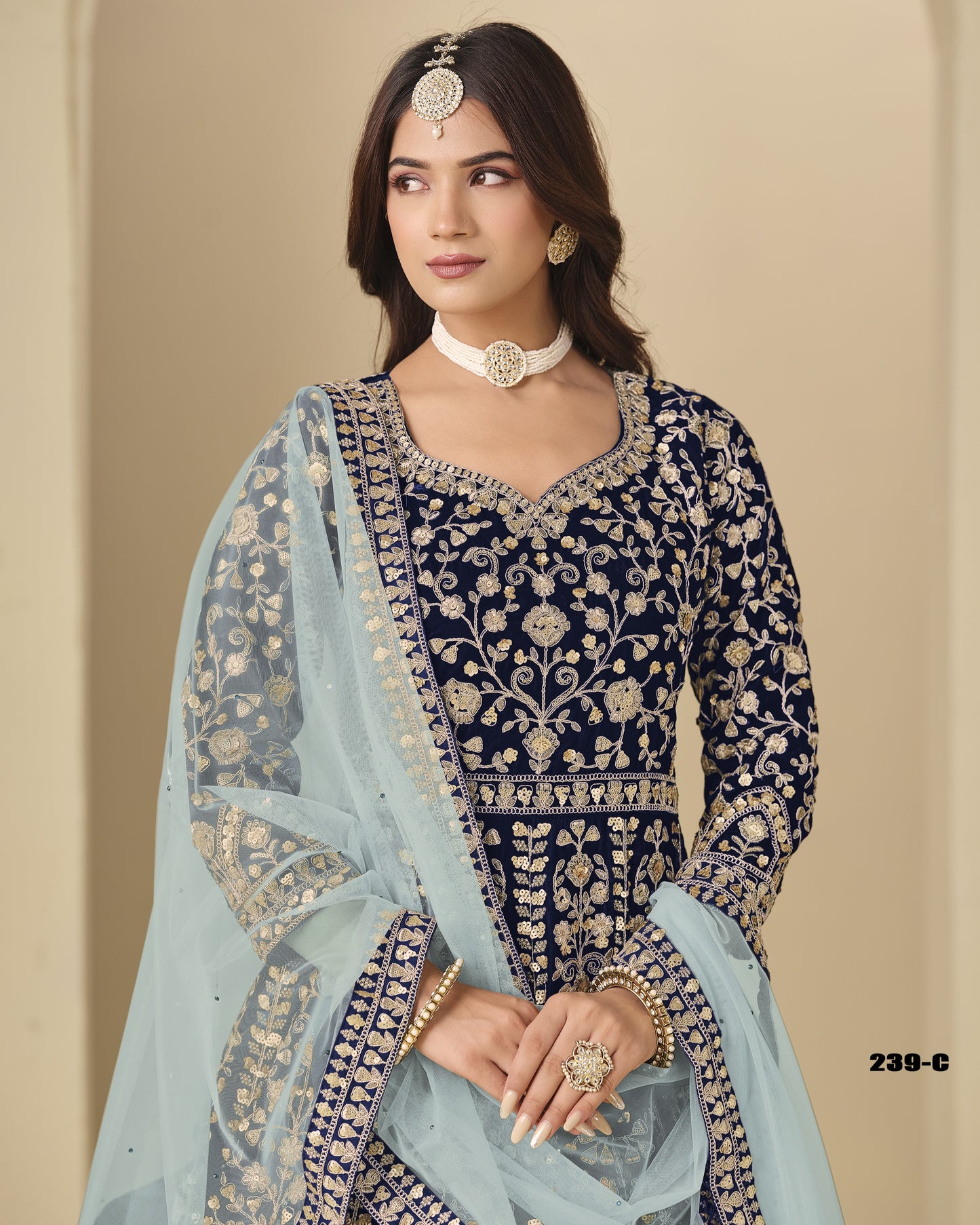 Navy Blue Velvet Anarkali Suit With Dupatta For Indian & Pakistani Wedding Festival - Dori With Thread & Sequence Embroidery Work