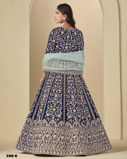 Navy Blue Velvet Anarkali Suit With Dupatta For Indian & Pakistani Wedding Festival - Dori With Thread & Sequence Embroidery Work