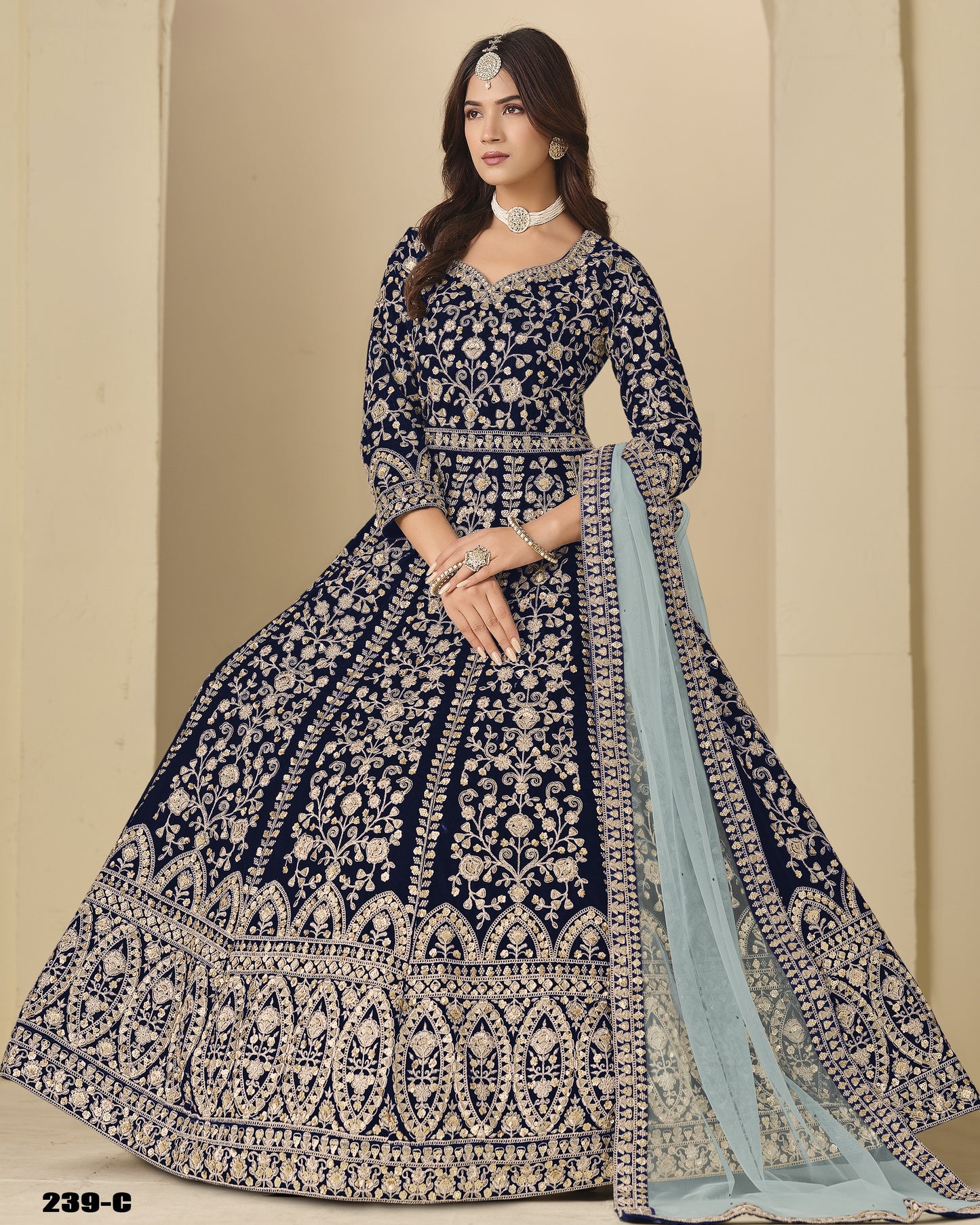 Navy Blue Velvet Anarkali Suit With Dupatta For Indian & Pakistani Wedding Festival - Dori With Thread & Sequence Embroidery Work