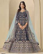 Navy Blue Velvet Anarkali Suit With Dupatta For Indian & Pakistani Wedding Festival - Dori With Thread & Sequence Embroidery Work